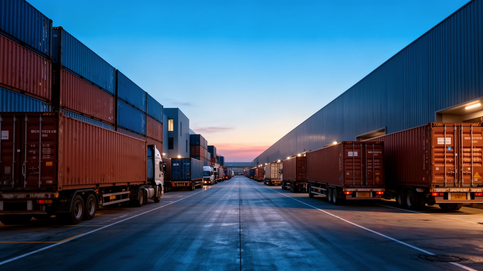 Corredor logístico industrial com containers e caminhões ao entardecer